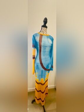 Blue & Yellow Long Sleeve Sheer Maxi Dress